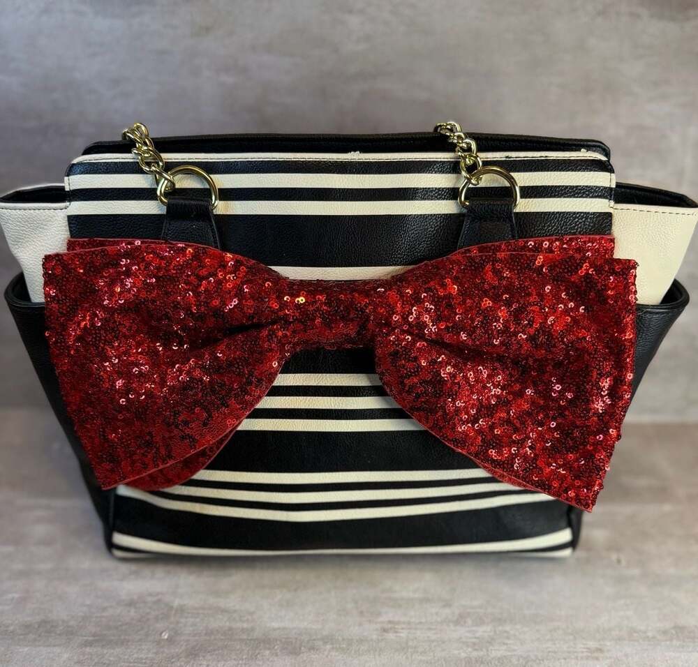 Betsey Johnson‎ Black and White Striped Tote with Oversized Red Sequin Bow
